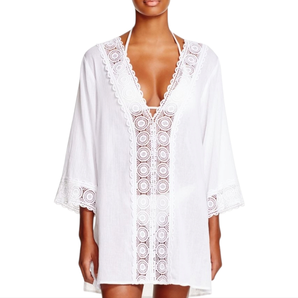 La Blanca White Cotton Crochet Lace V Neck Swim Cover Up Tunic LB0PE55W 2X NEW